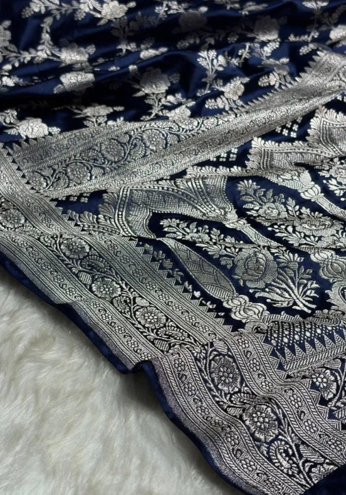 royal blue banarasi silk silver zari saree