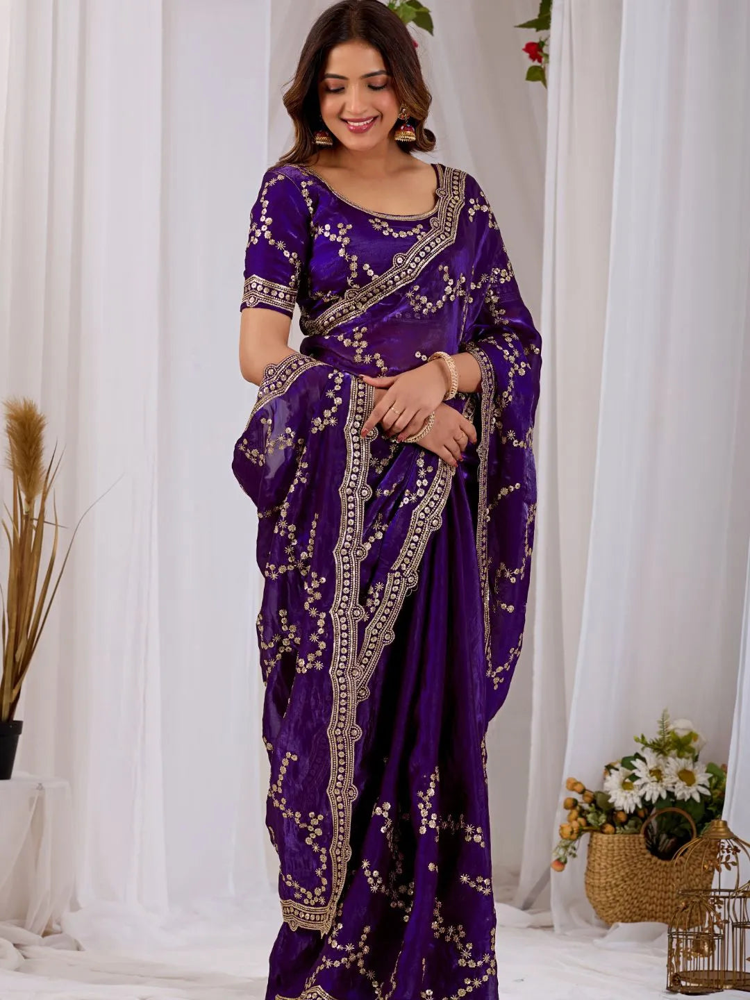 royal purple embroidered silk saree