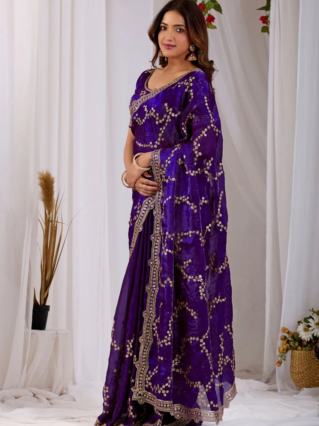 purple festive silk saree