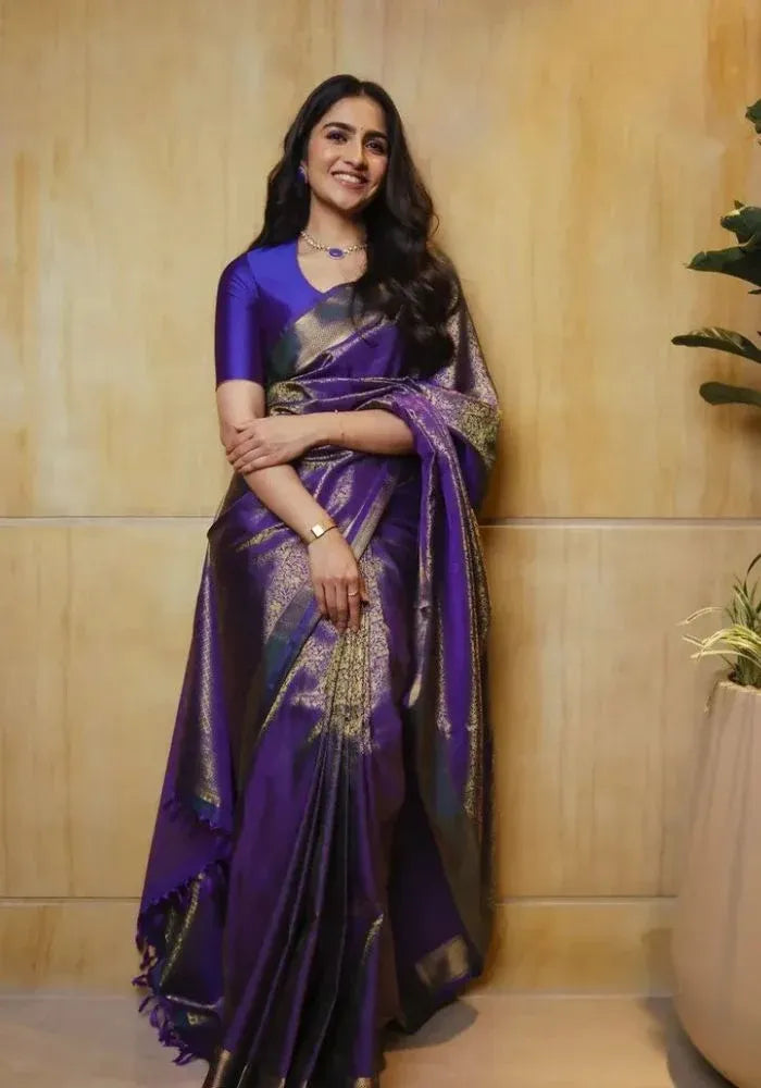 royal purple gold border saree