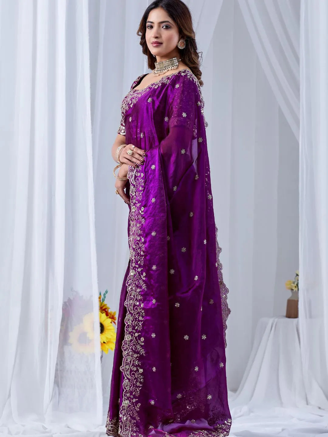 purple embroidered saree