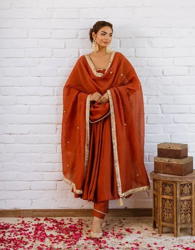 Rust Orange Vichitra Silk Beaded Anarkali Set