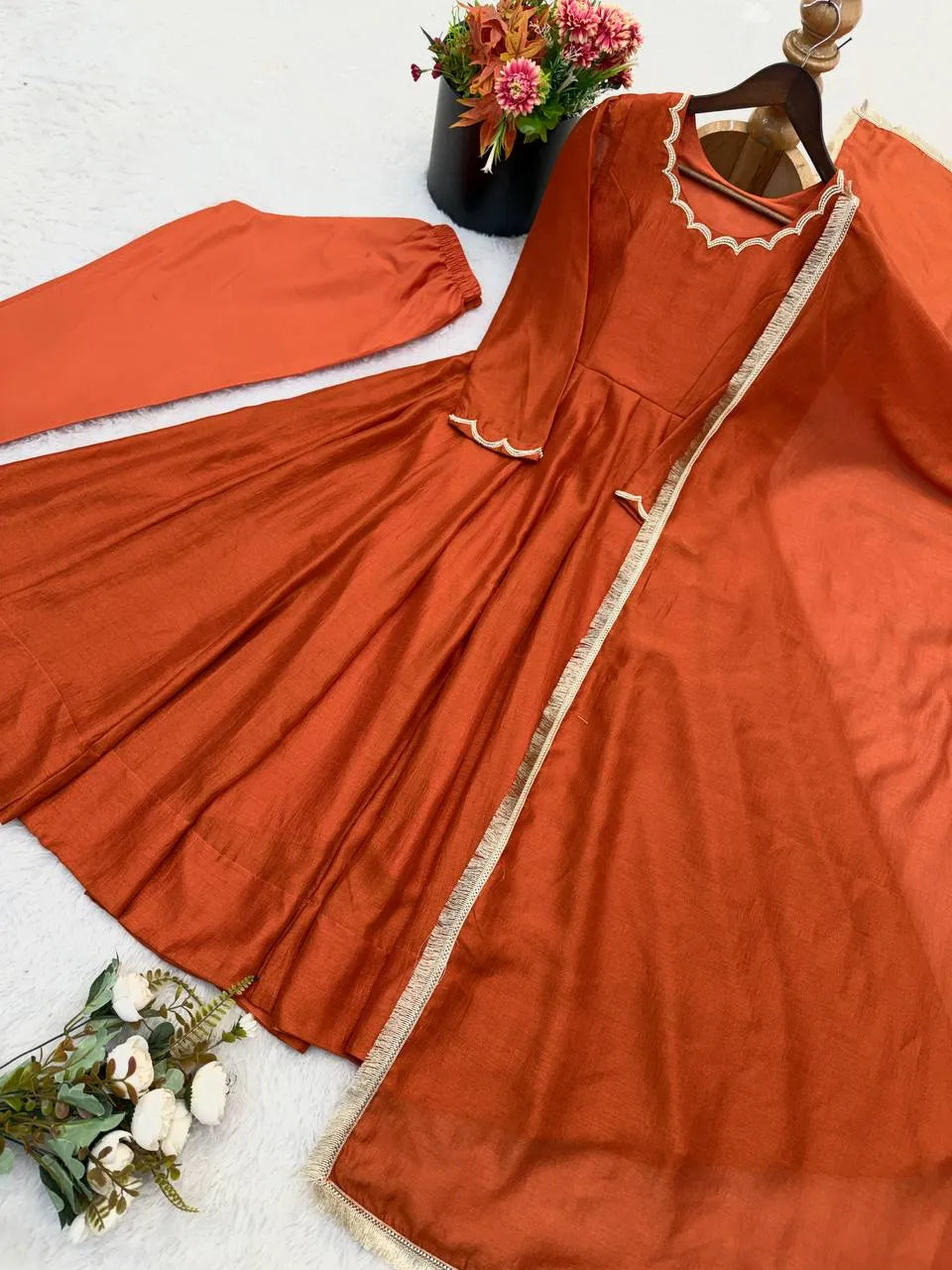Rust Orange Vichitra Silk Beaded Anarkali Set