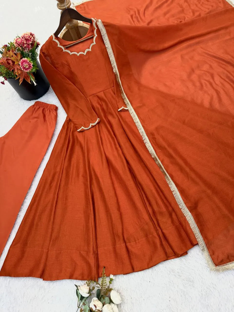Rust Orange Vichitra Silk Beaded Anarkali Set