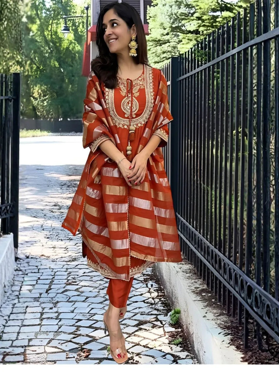 rust orange embroidered chanderi kurta set