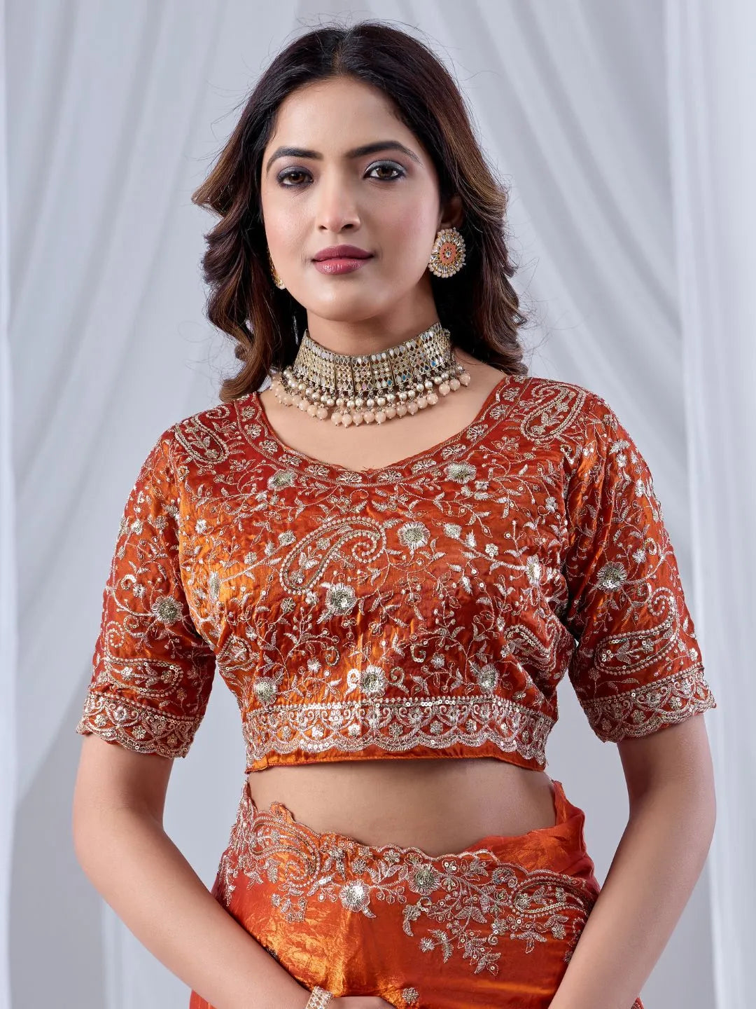 rust orange embroidered silk saree