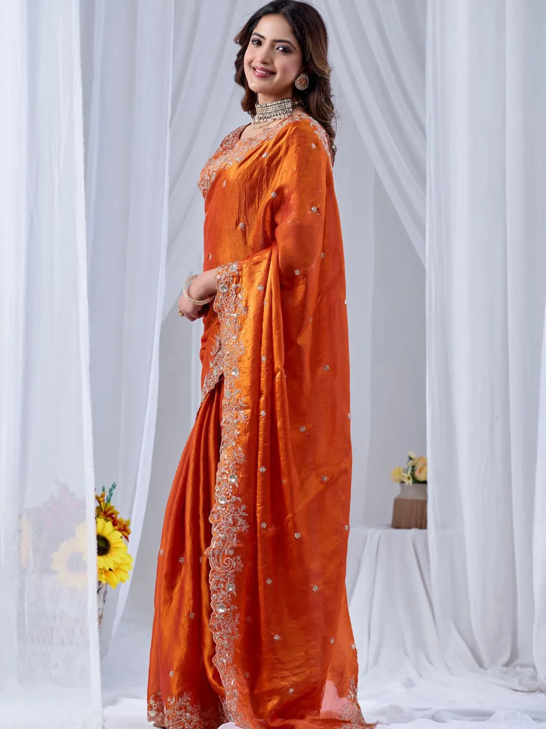 rust orange ethnic silk saree