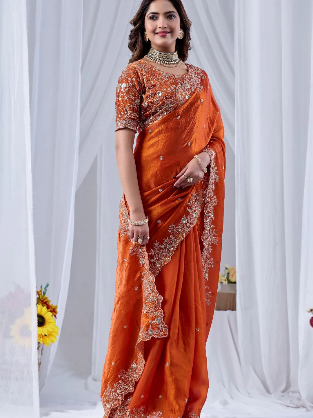 rust orange festive silk saree