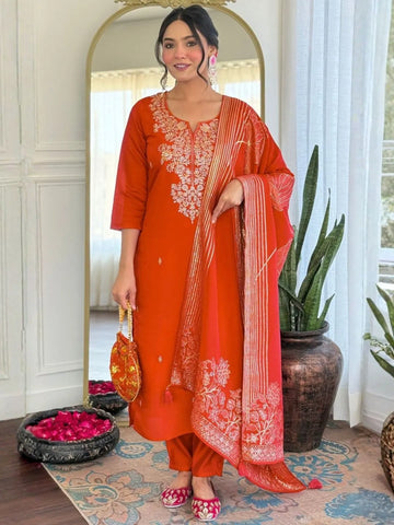 rust orange roman silk embroidered kurta pant set