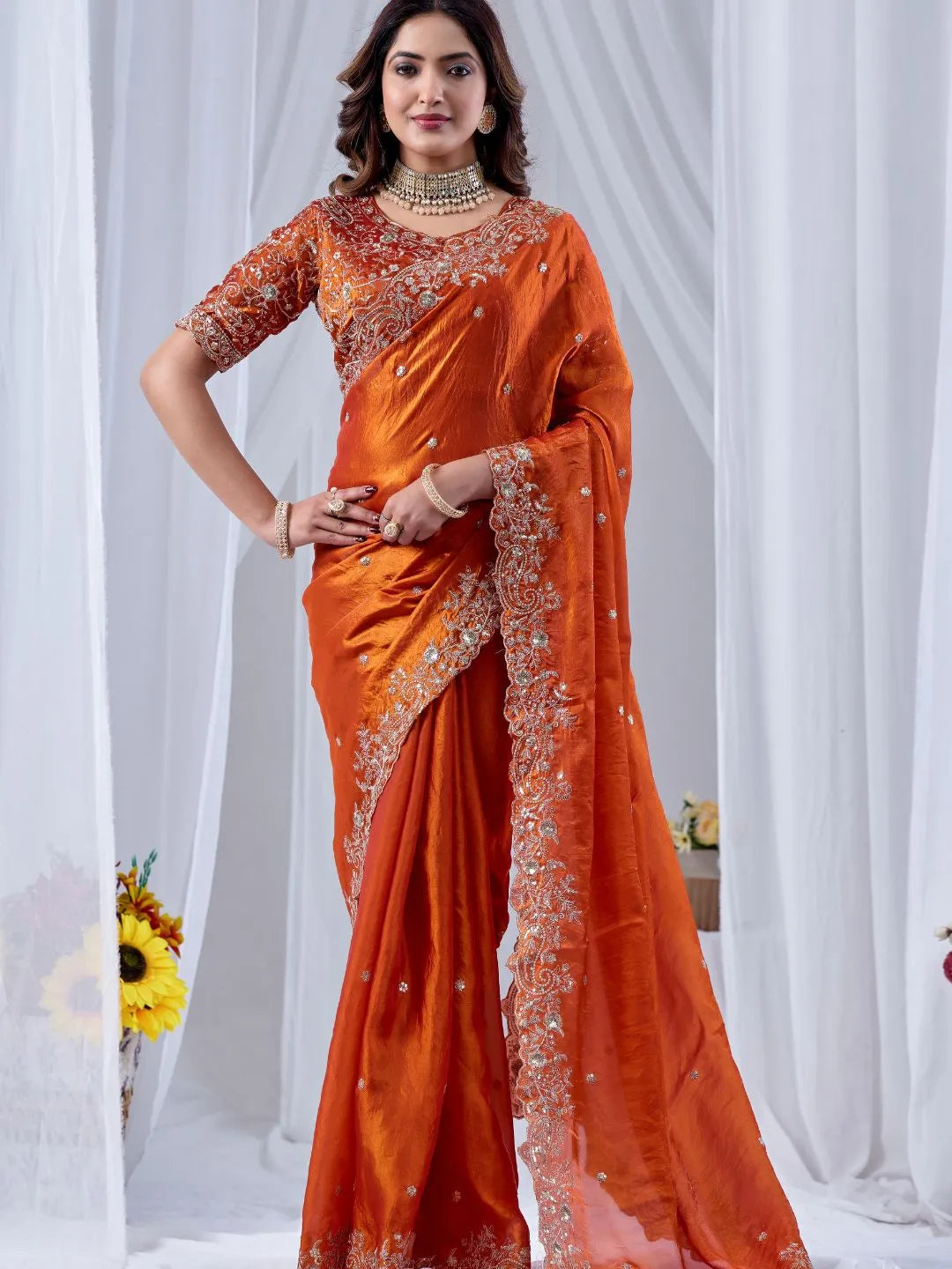 rust orange saree