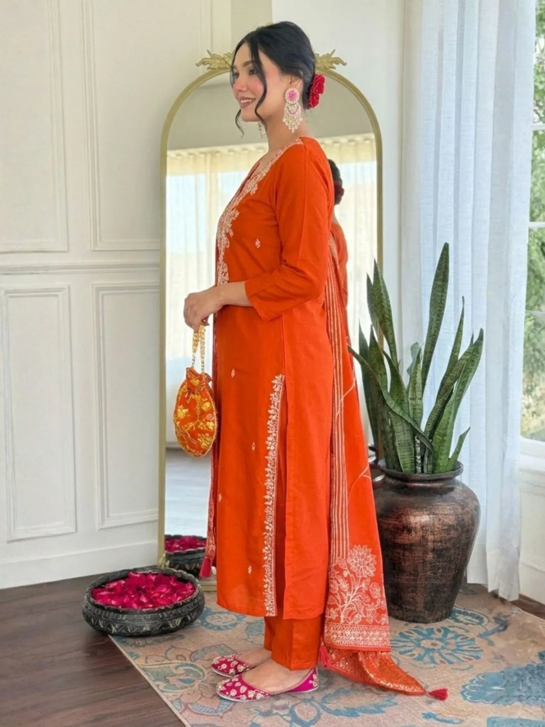 rust orange silk embroidered kurta pant set