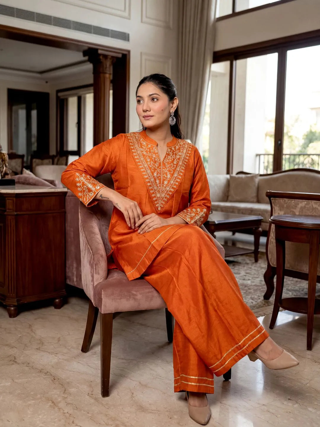 rust orange vichitra silk co-ord set