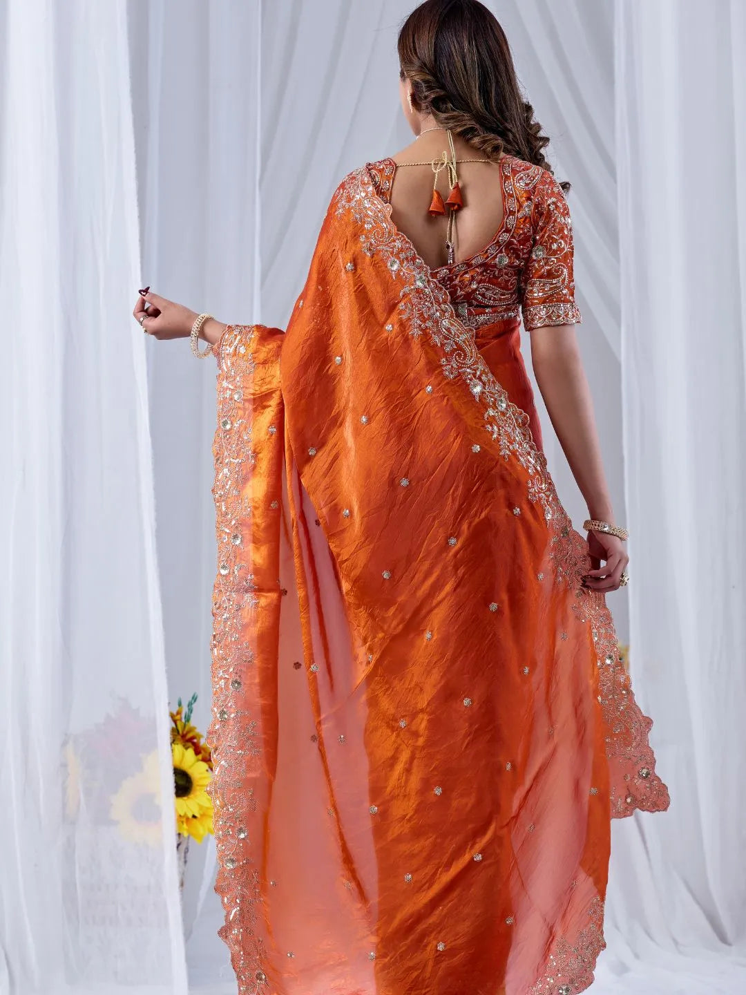 rust orange wedding silk saree