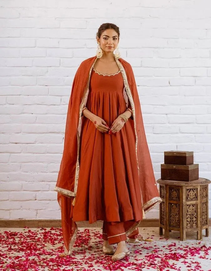 rust vichitra silk gown