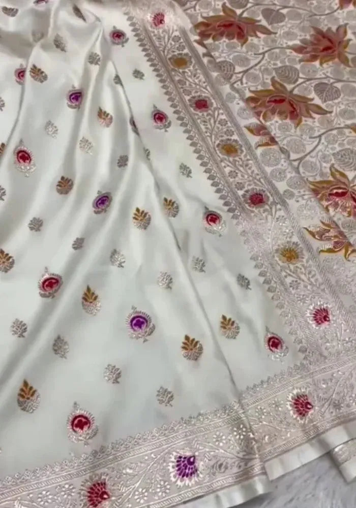 satin banarasi white saree