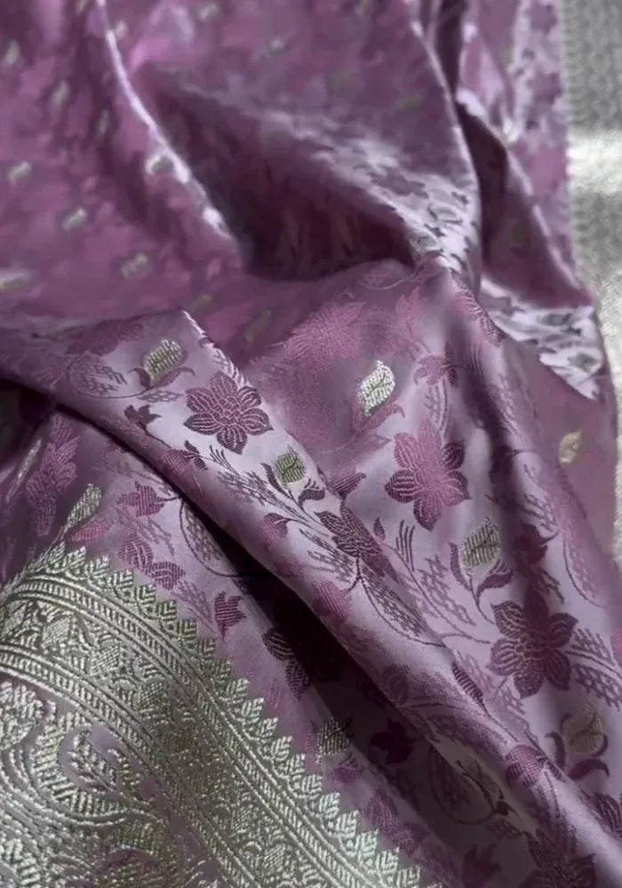 satin lavender banarasi saree