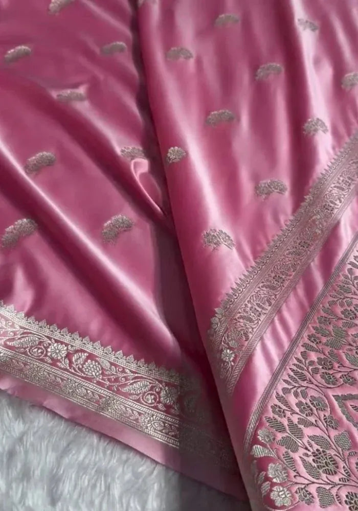 satin pink silk saree