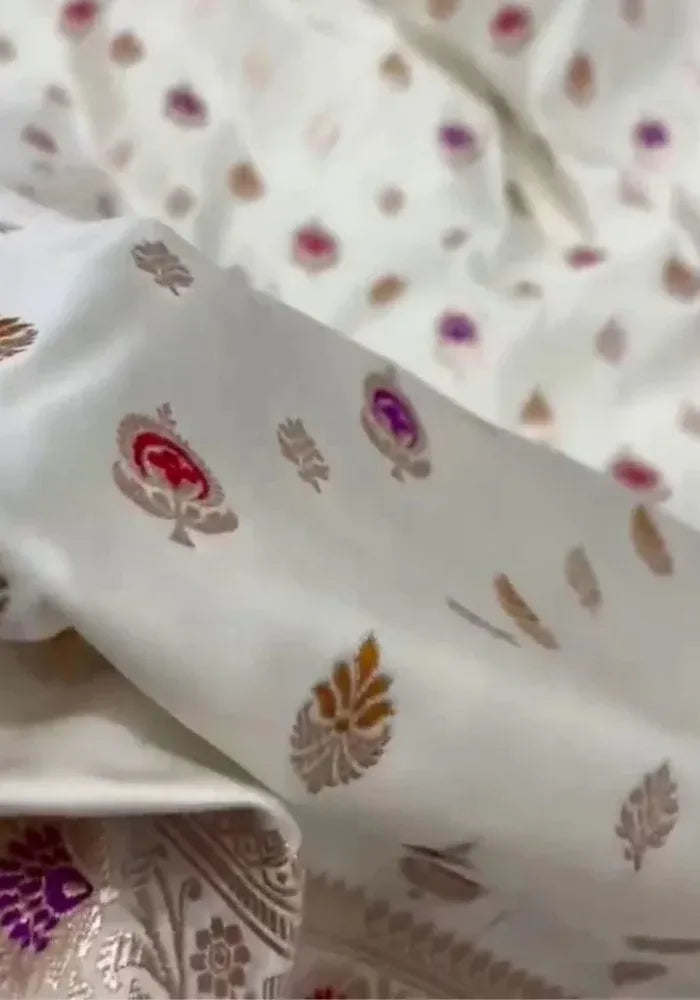 satin white banarasi saree