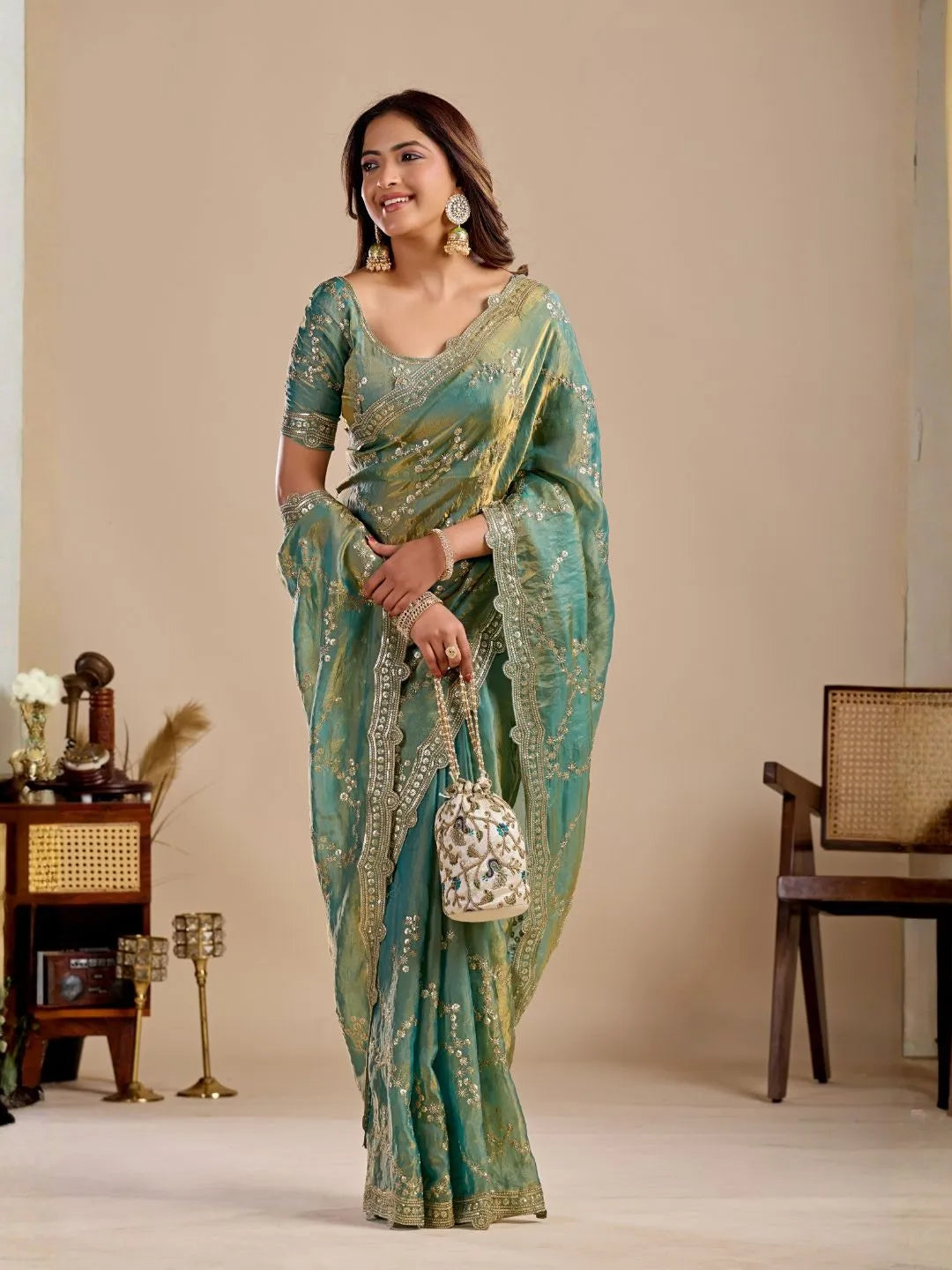 sea  green embroidered silk saree