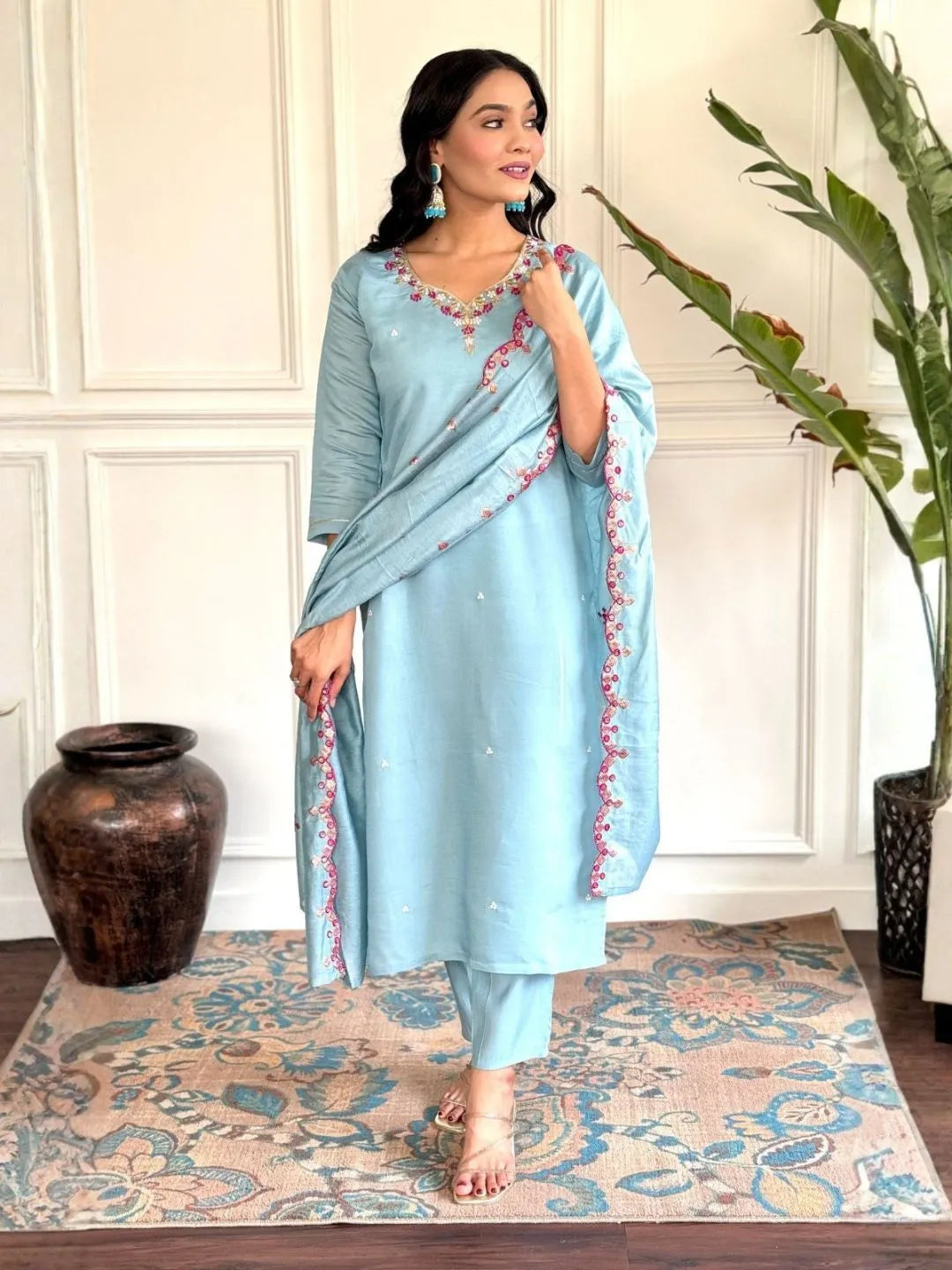 sky blue chanderi embroidered kurta pant set