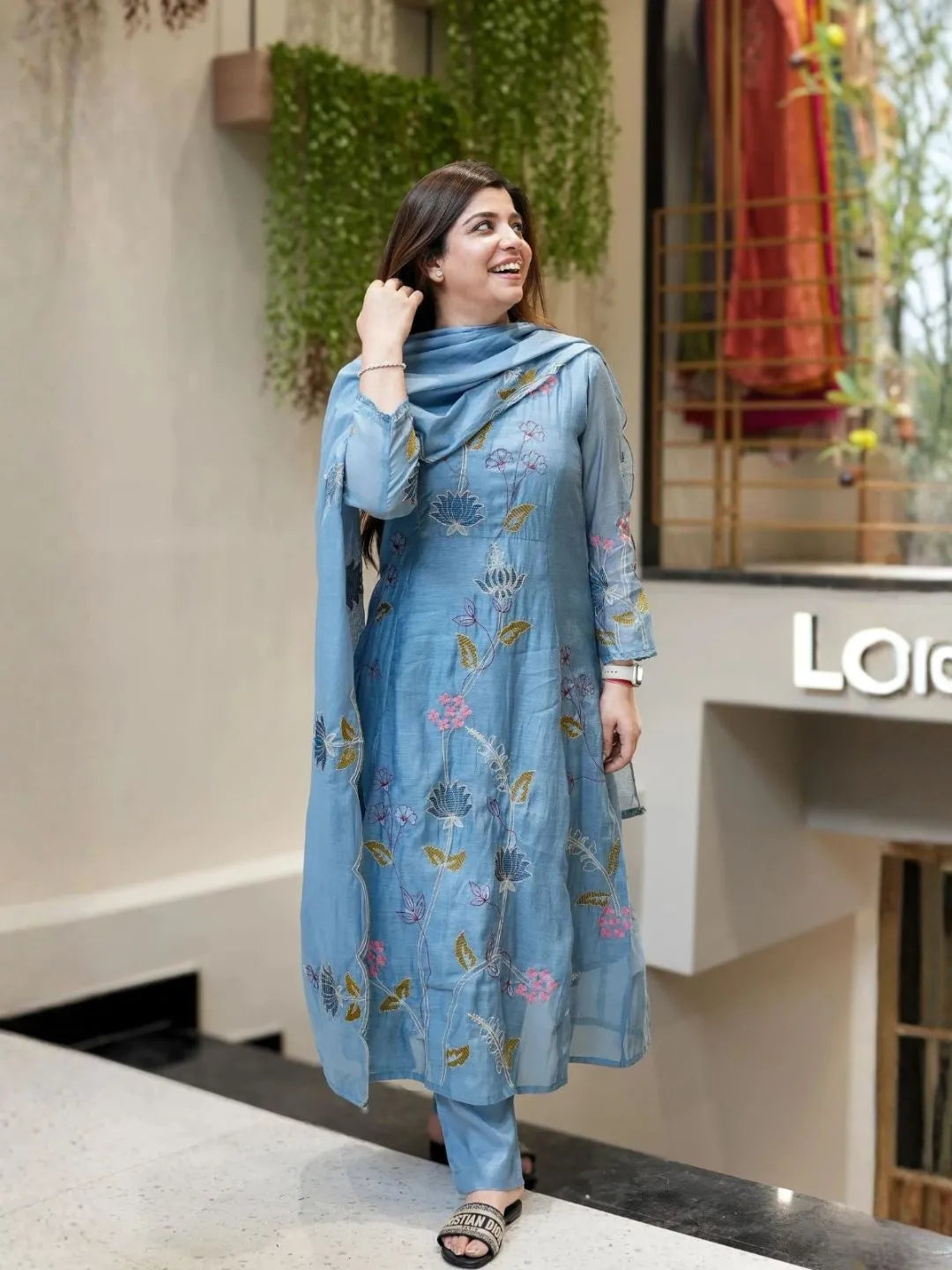 sky blue floral embroidered viscose chanderi kurta set