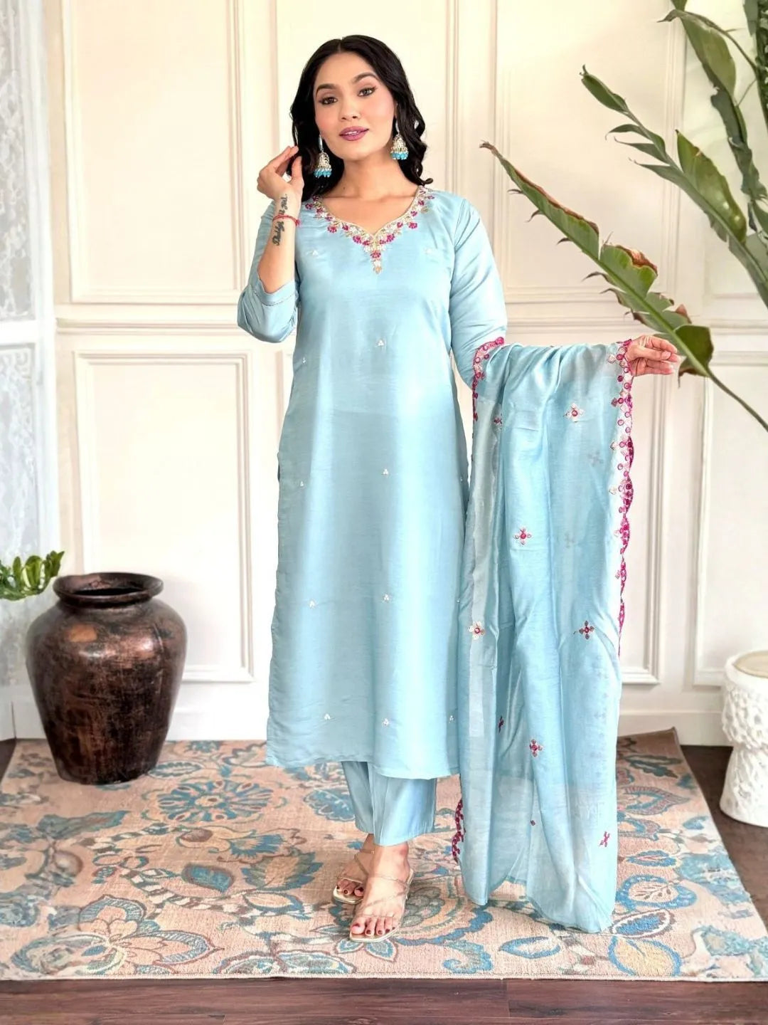 sky blue viscose chanderi embroidered kurta pant set