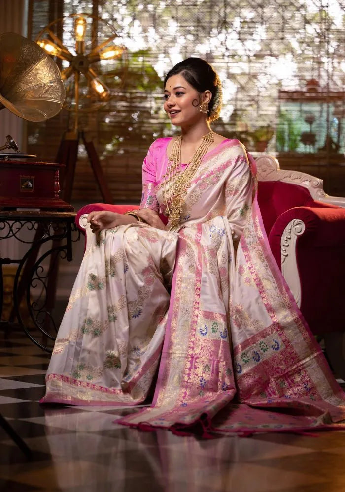 stylish beige banarasi silk saree
