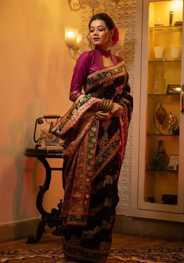 stylish black banarasi silk saree