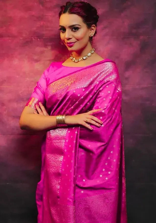 stylish pink lichi silk saree