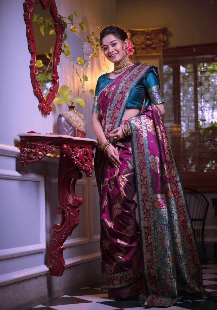 stylish purple banarasi silk saree