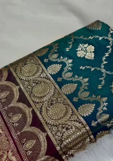 teal blue banarasi satin silk saree
