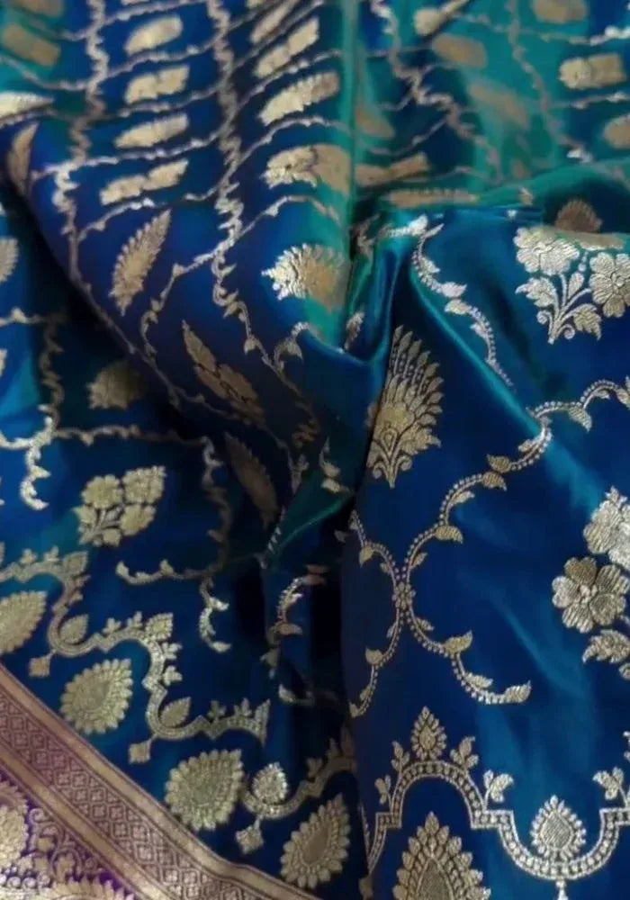 teal blue banarasi silk satin saree