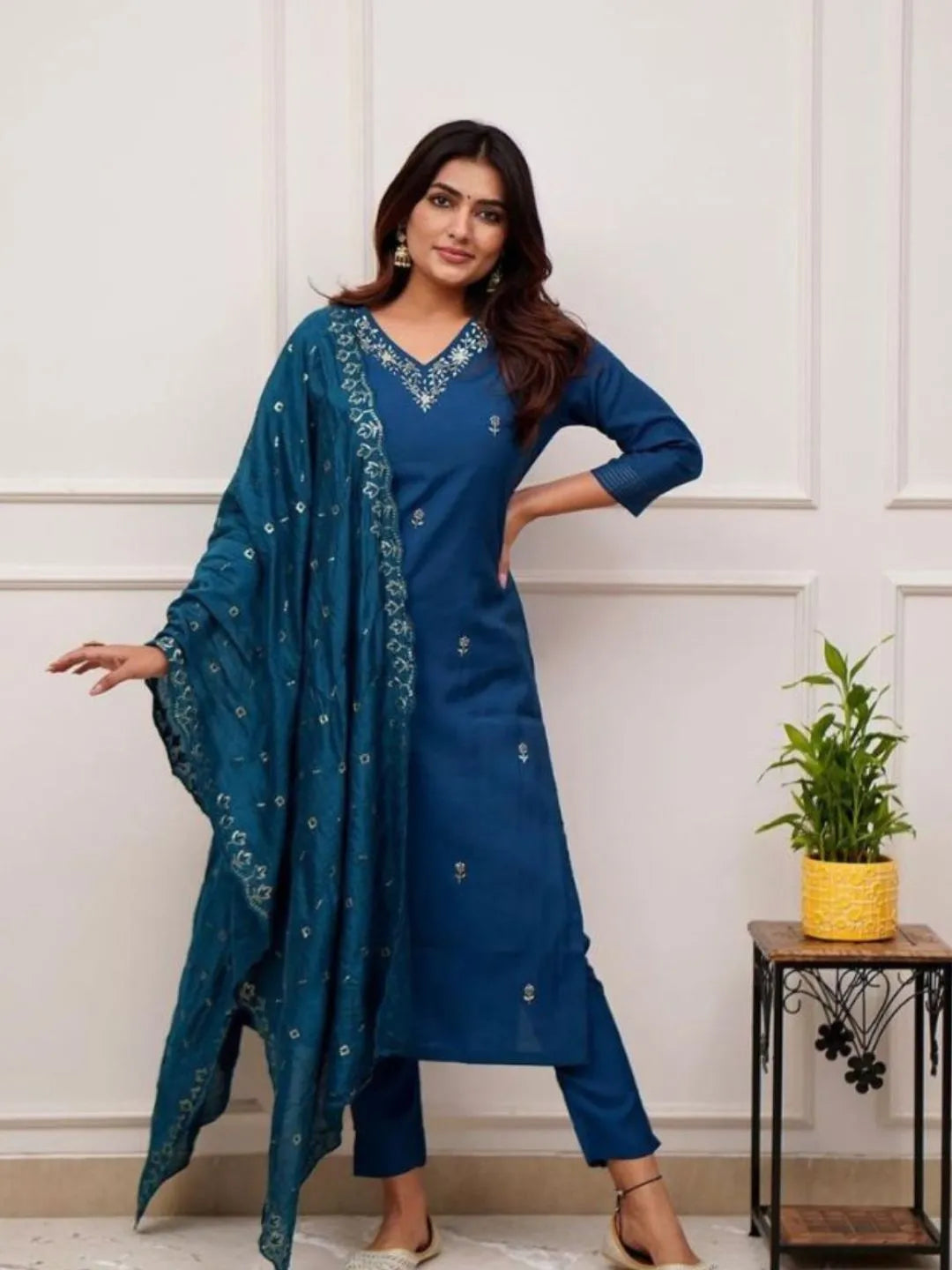 teal blue chanderi kurta set
