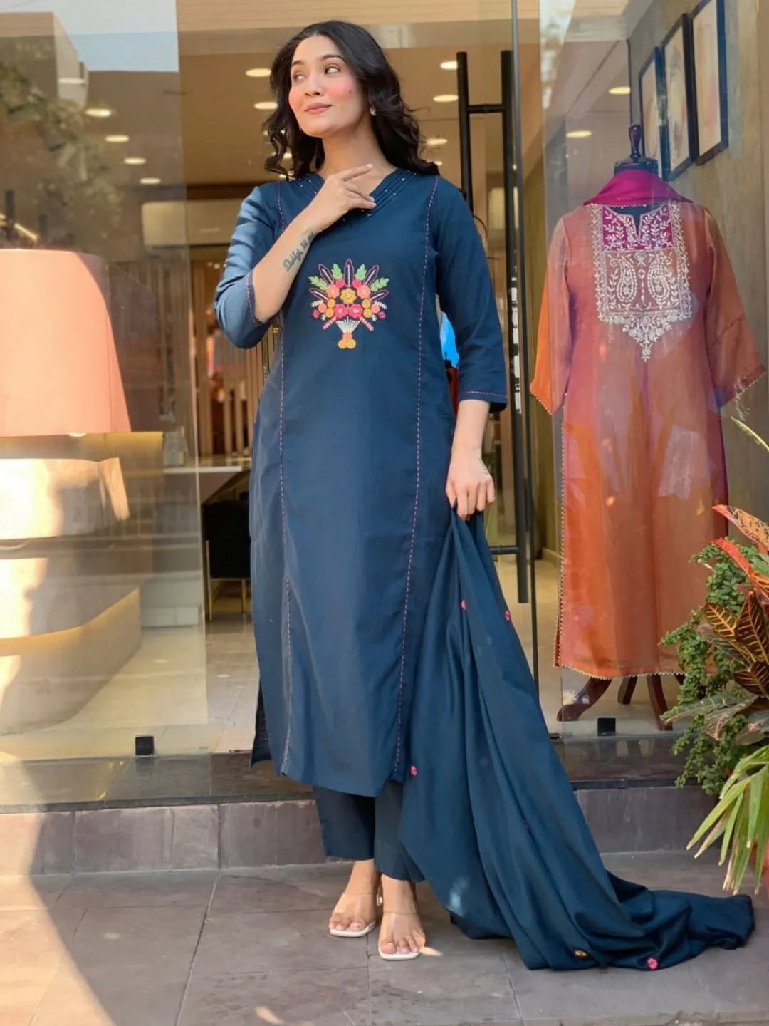 teal blue embroidered rayon kurta set