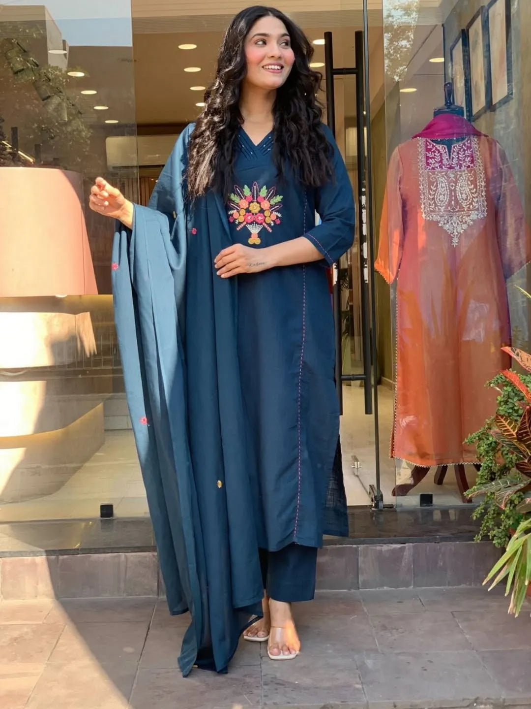 teal blue embroidered rayon kurta set