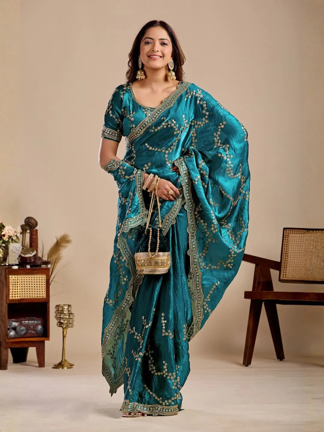 teal blue embroidered silk saree
