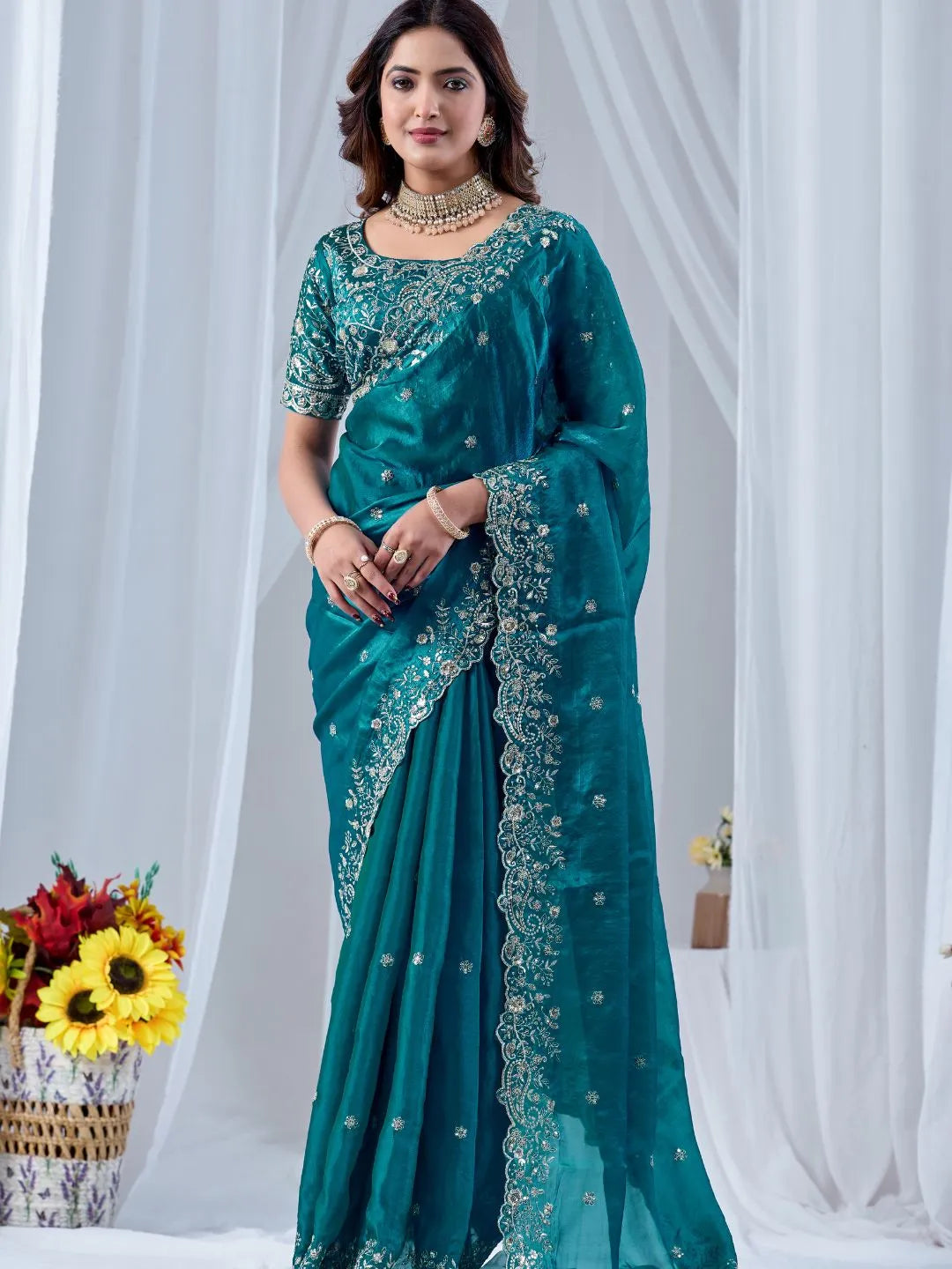 teal blue ethnic silk saree