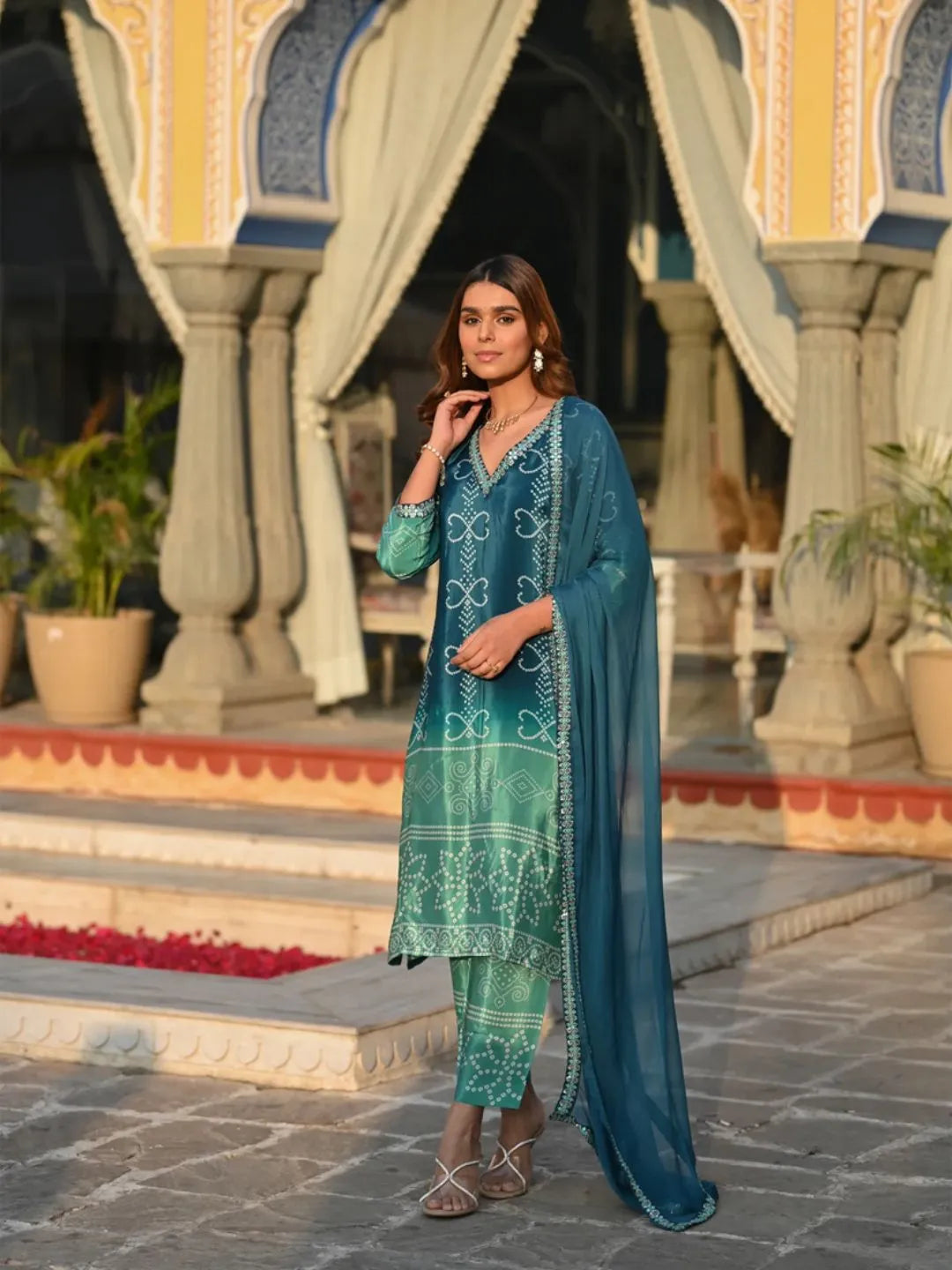 teal blue printed silk kurta set