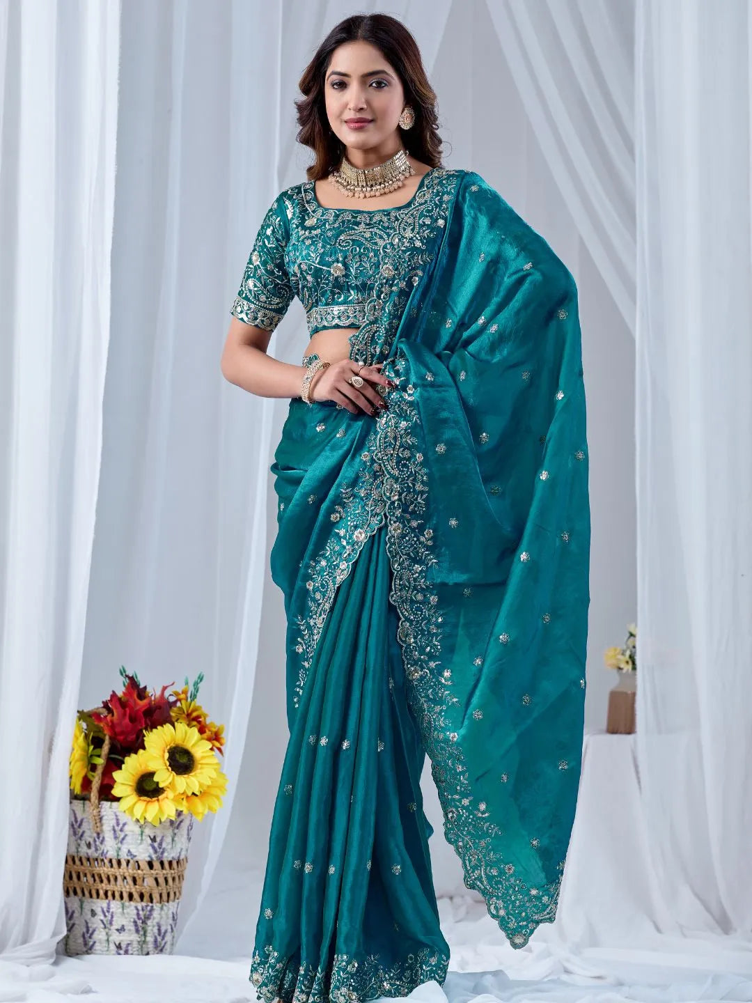 teal blue wedding festive saree