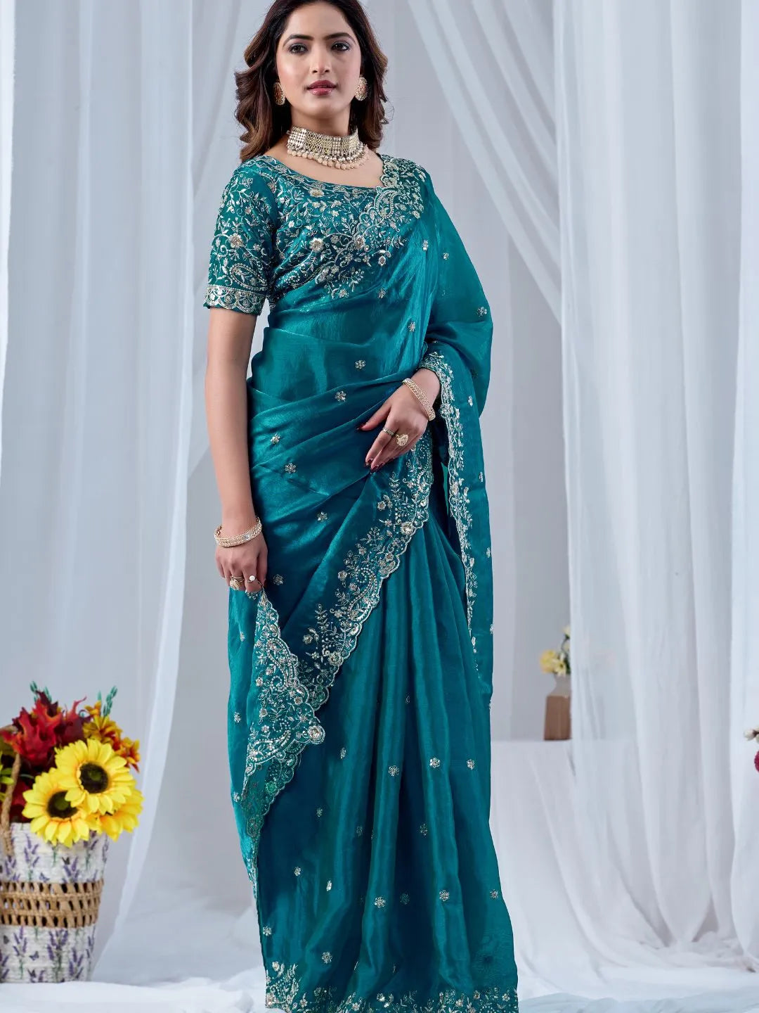 teal blue wedding silk saree