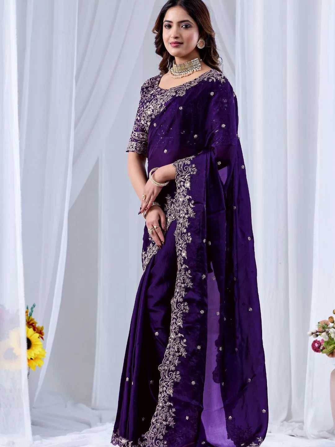 wearing royal purple silk saree