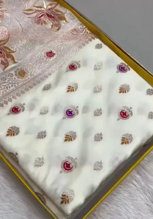 white satin banarasi saree
