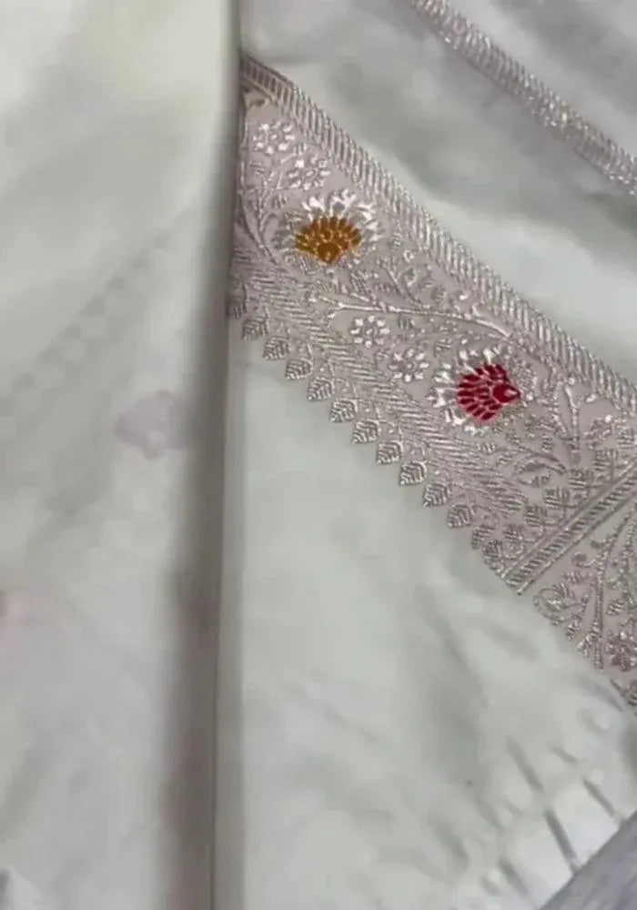 white banarasi satin saree