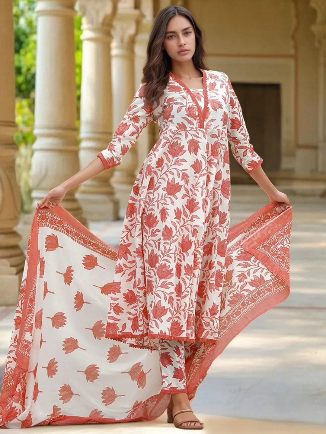 white floral cotton kurta set