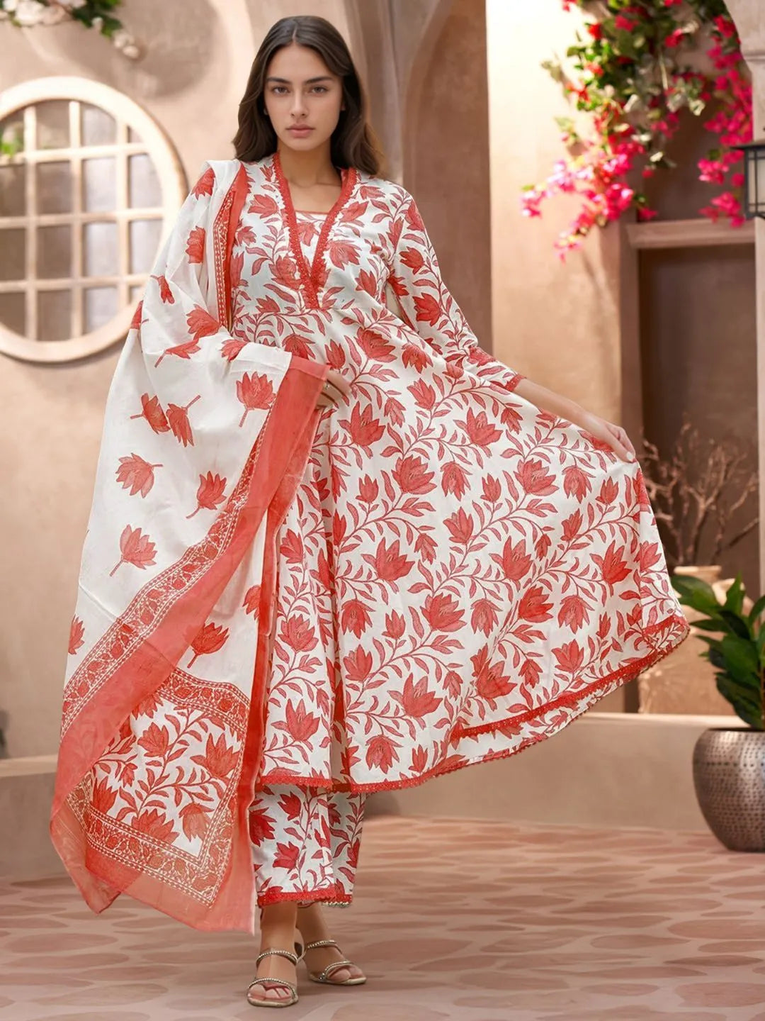 white floral printed cotton kurta set