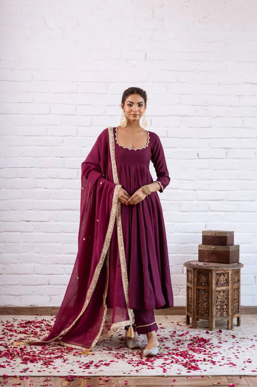 Wine Vichitra Silk Beaded Anarkali Set