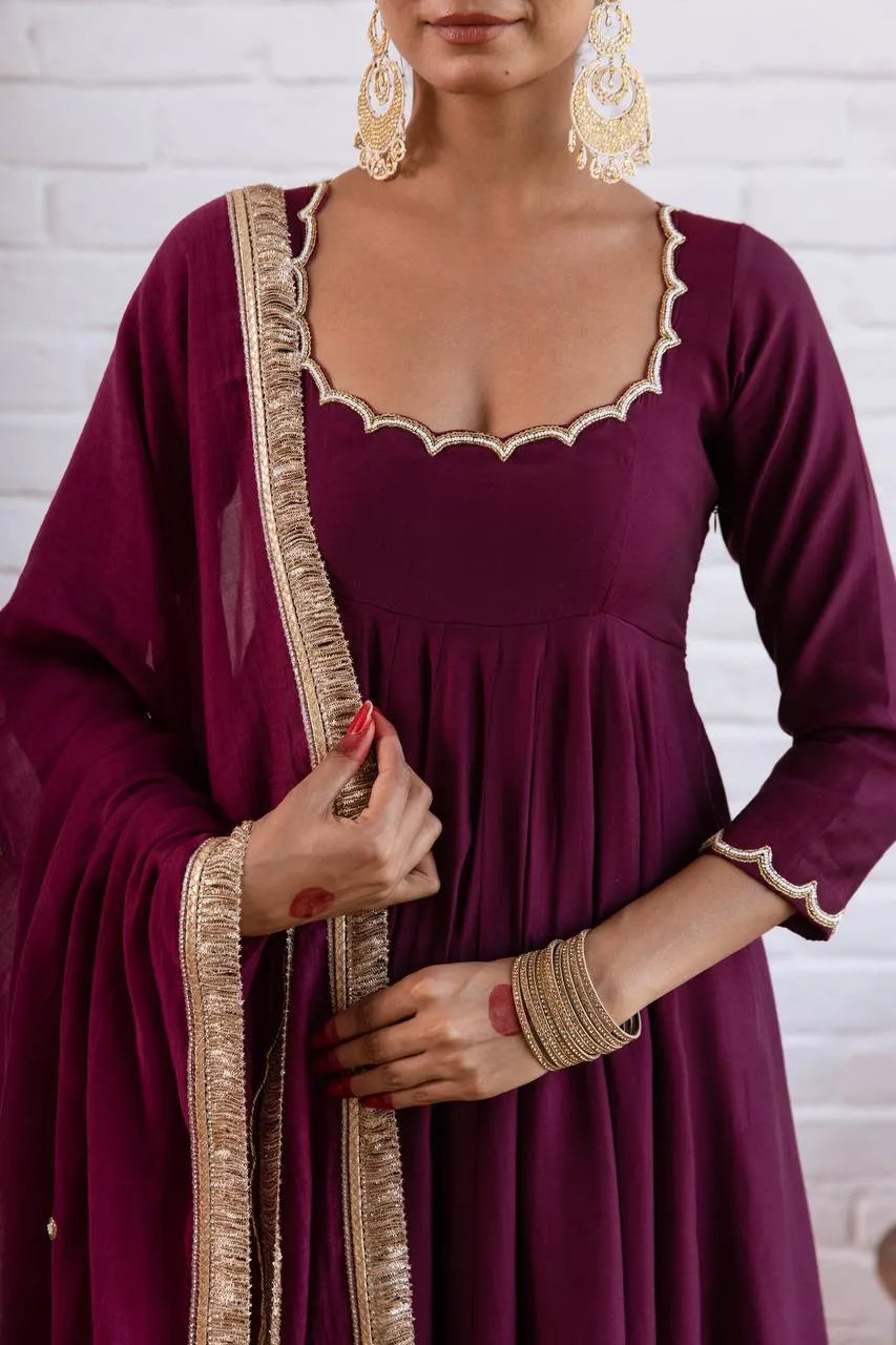 Wine Vichitra Silk Beaded Anarkali Set