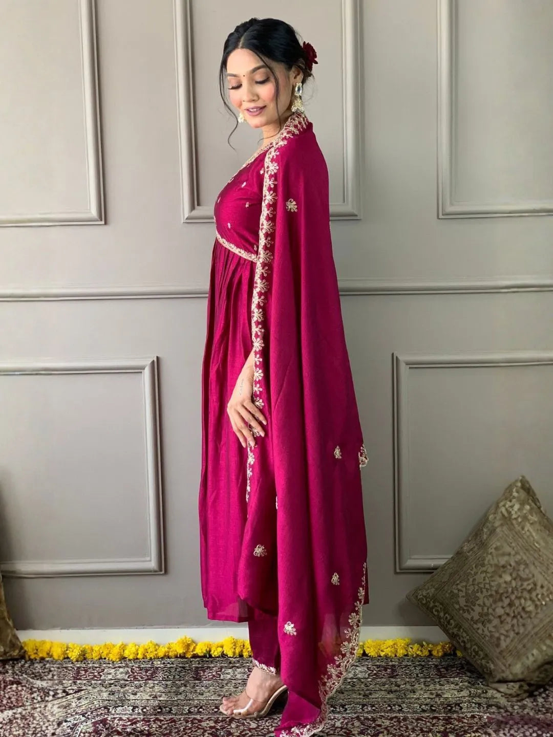 wine embroidered anarkali kurta pant set