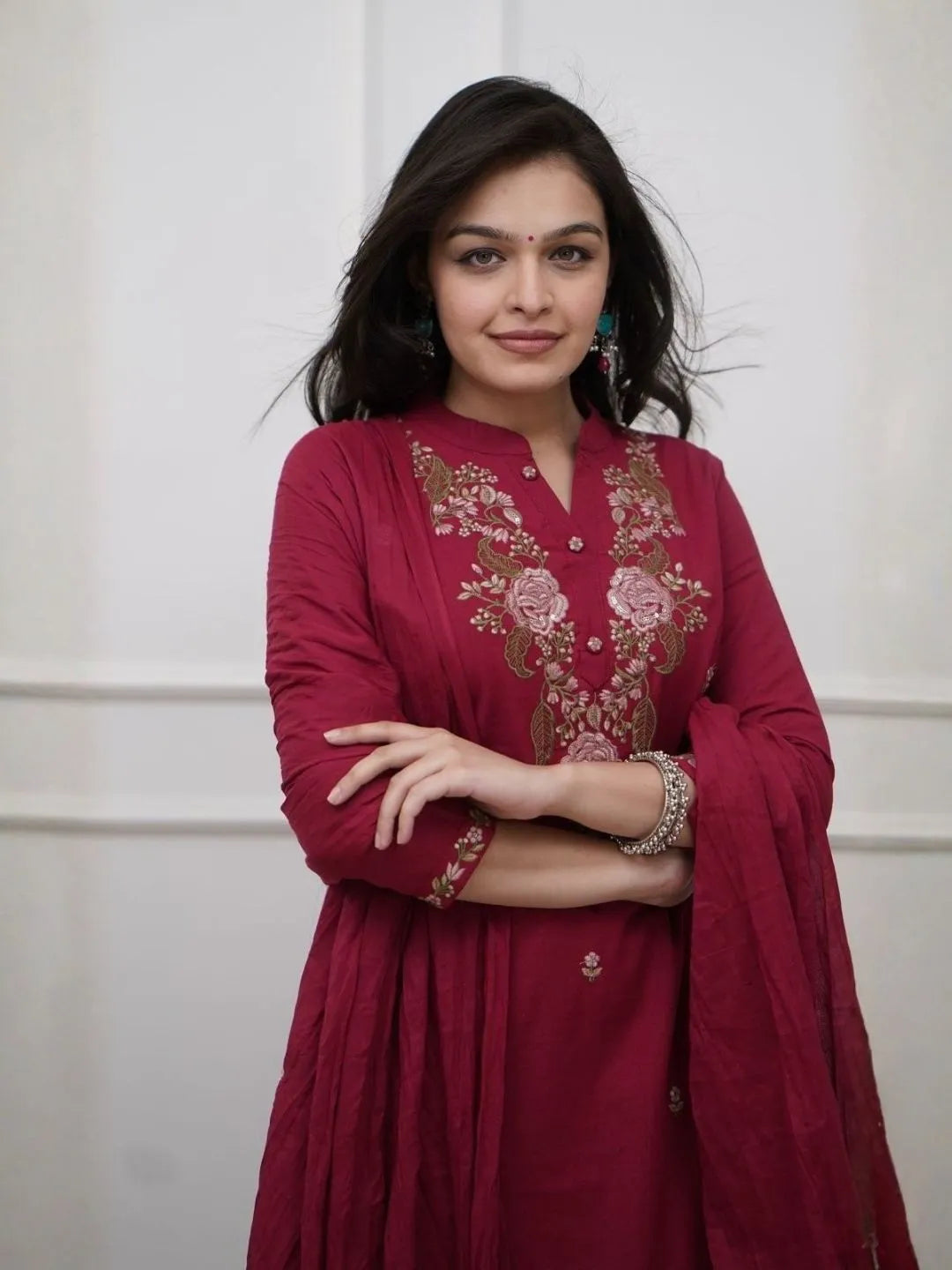 wine embroidered rayon slub kurta set