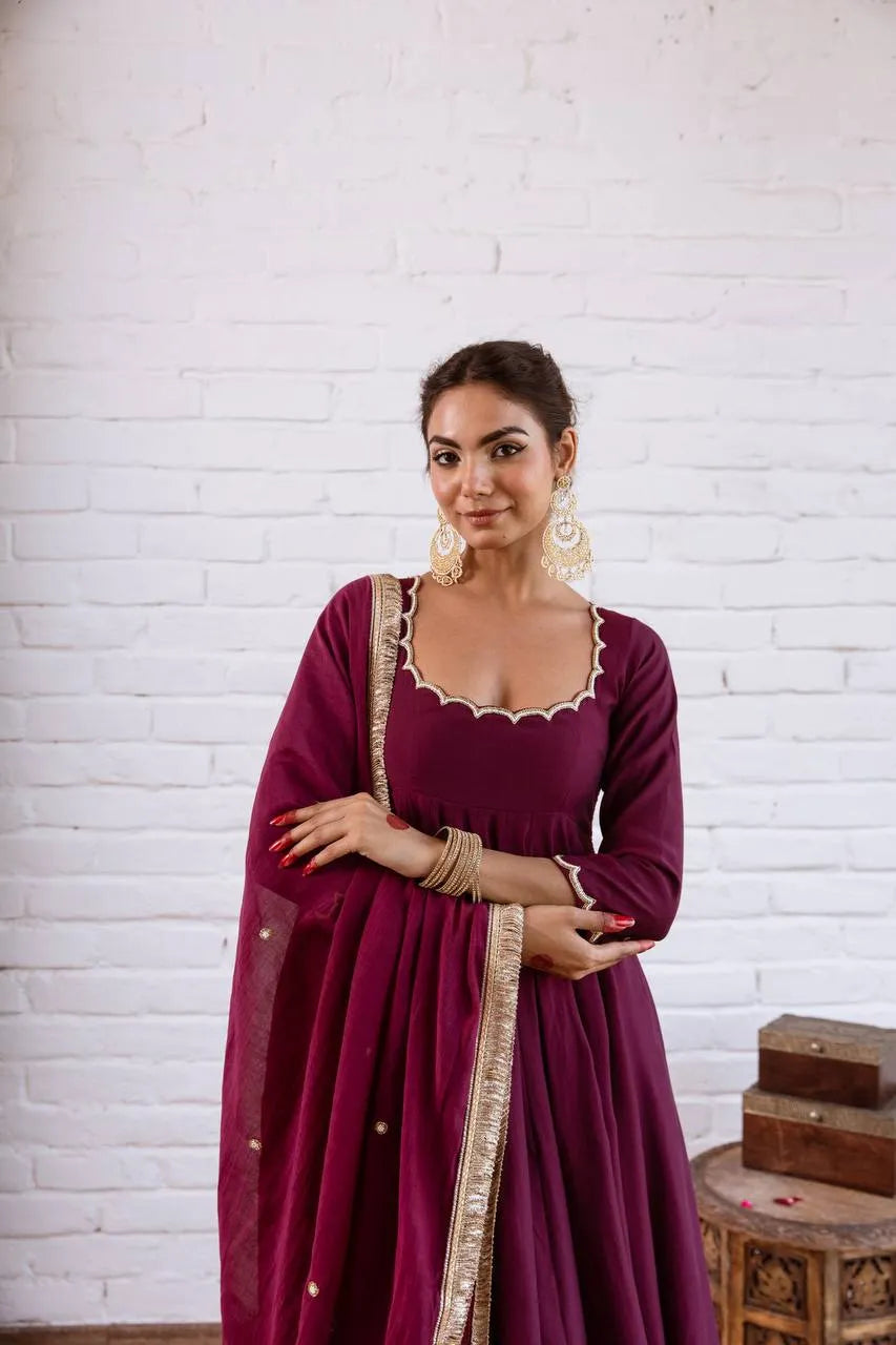 Wine Vichitra Silk Beaded Anarkali Set